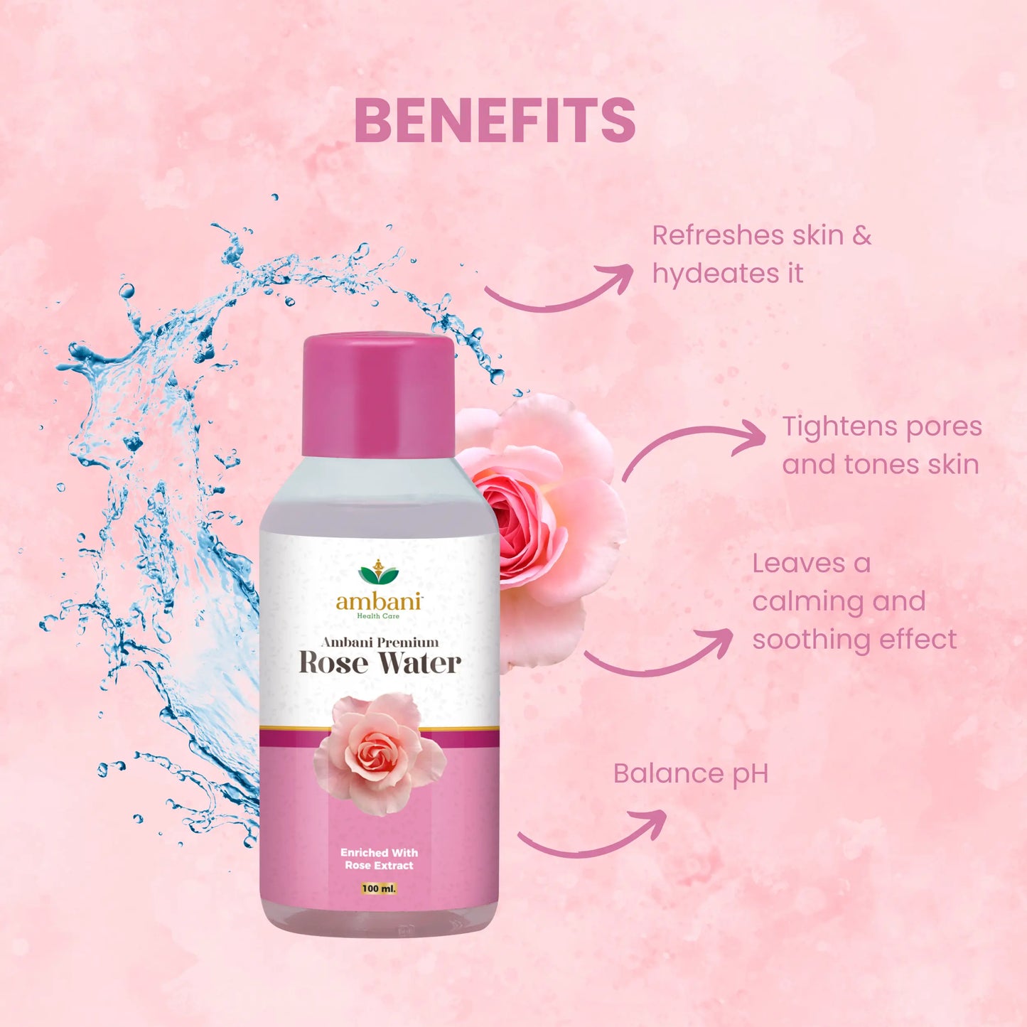 AMBANI HEALTH CARE Premium Rose Water I Natural Gulab Jal I for Skin, Face & Hair I Deep Hydration with Deshi Gulaab I Alcohol-Free I Cleanses, Hydrates & Moisturises Skin for Women & Men
