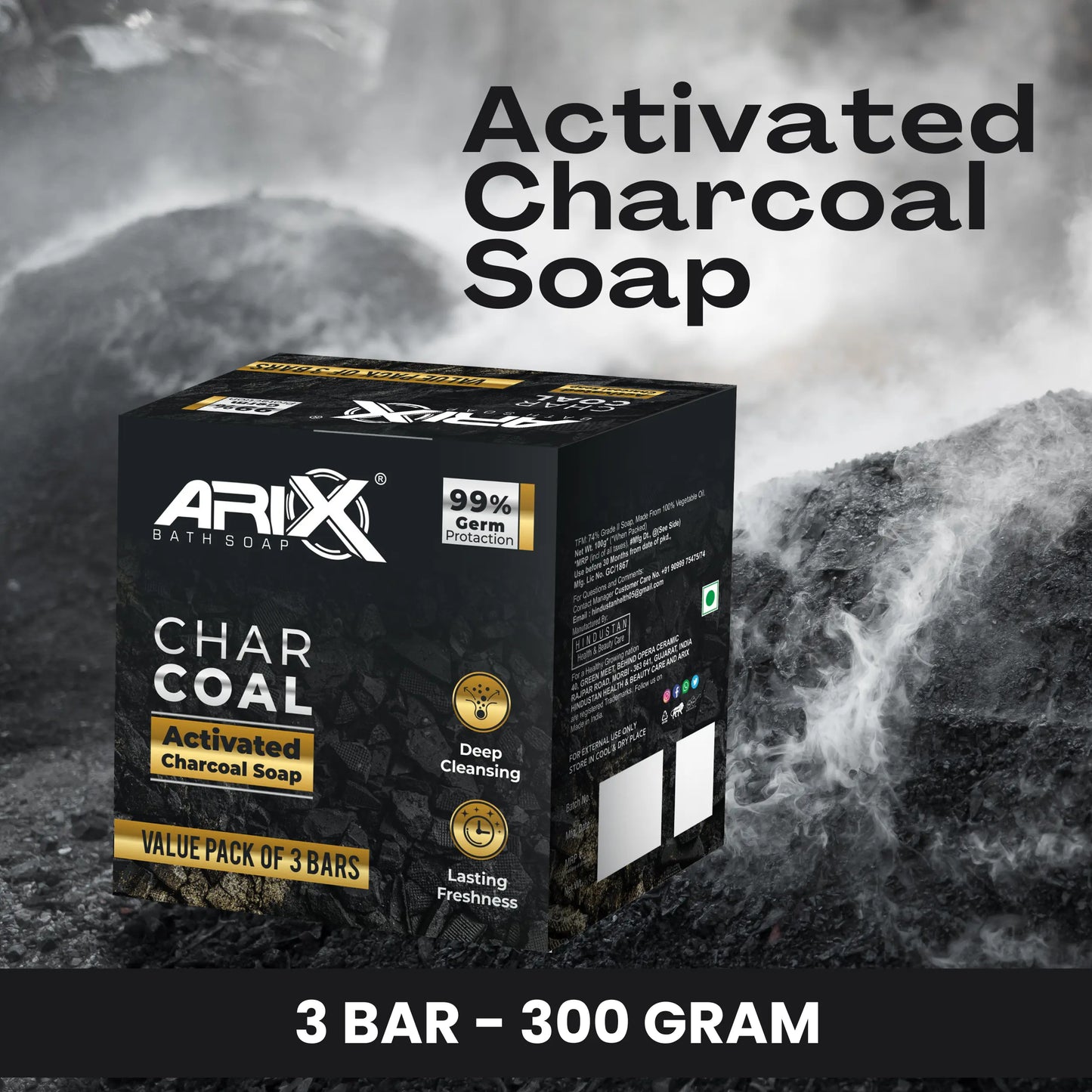 ARIX Activated Charcoal Soap I Solid Lasting Freshness Bathing Bar I 99.9% Germ Protection and Deep Cleansing I Acne, Blackheads, Anti Wrinkle, Pimple Skin Care I for All Skin Types (Pack of 3)
