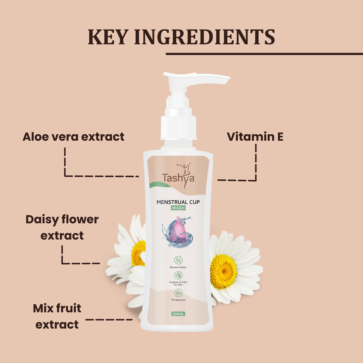 TASHYA Menstrual Cup Wash I Maintains Cup Hygiene I Paraben & Sulphate Free I Natural Foaming Cup Cleanser with Aloe vera, Daisy flower, Mix Fruit I Removes Odour & Stains I Safe for skin - 100 ML
