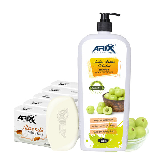 ARIX Herbal Amla, Aritha, & Sikakai Shampoo Conditioner and Almond Soap I Natural Ingredients I Promotes Healthy, Shiny, Glossy Hair, Clear, Glowing & Radiant Skin I for Women & Men (1 L + 5 Pcs)
