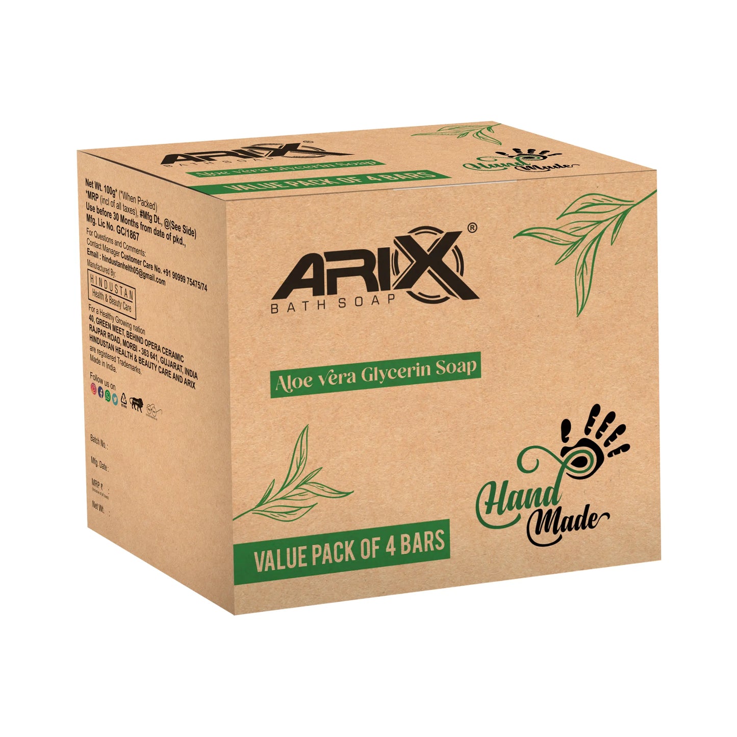 ARIX Aloe Vera Glycerin Soap I Handmade Organic Bathing bar I with Aloevera Extract and Essential Oils I Glowing, Nourishing & Moisturizing Skin I for Women & Men with All Skin Types (Set of 4)