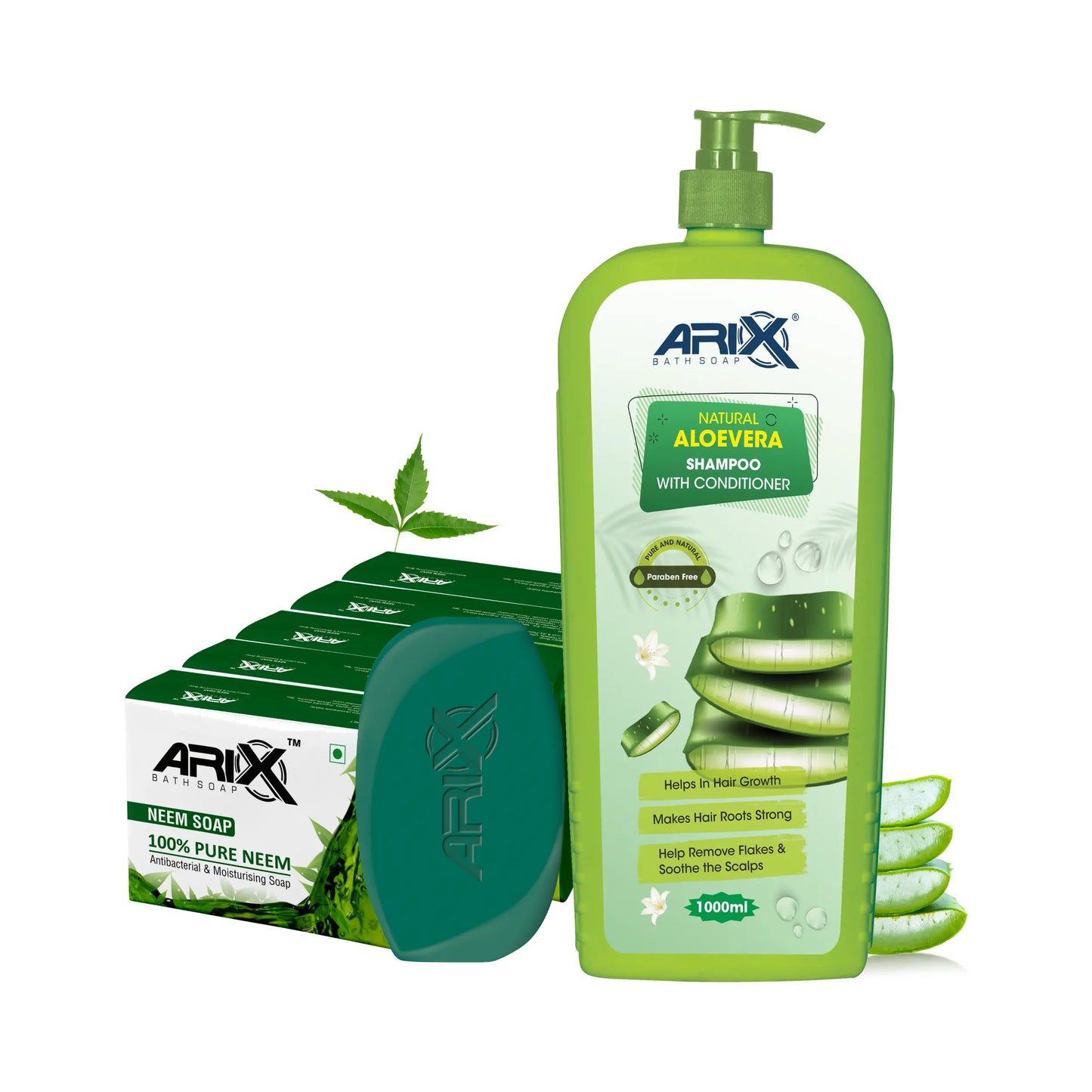 ARIX Natural Aloevera Shampoo Conditioner and Neem Soap I Herbal Bathing Bar with Essential Oils I Enhance Shine, Strengthen, Soothe Scalp and Reduce Hair Fall I for Women & Men (1 L + 5 Pcs)