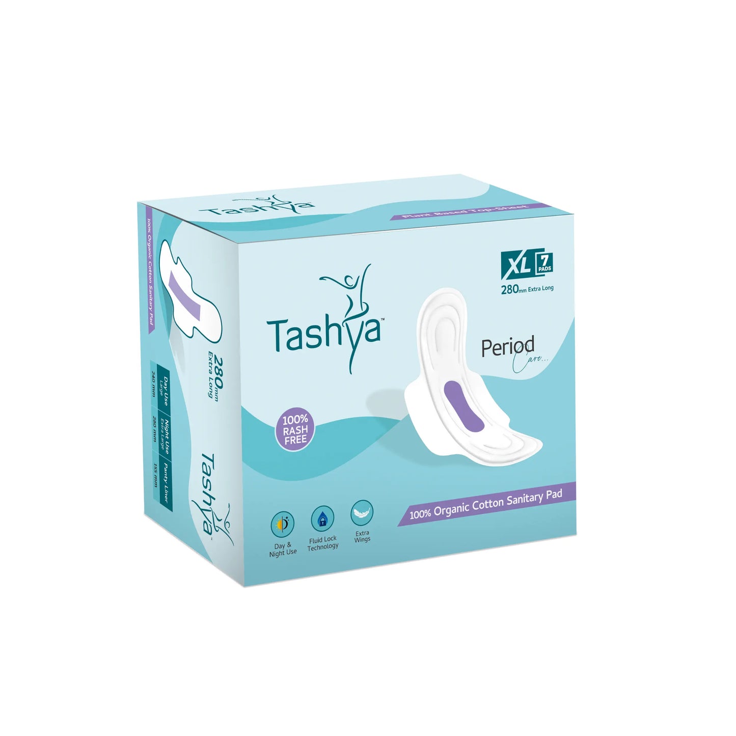 TASHYA 100% Pure Cotton Sanitary Pads I 8 Layer All Night Sanitary Napkins I Fluid Lock Technology I Rash Free, Anti Tan, Skin Friendly, Leak-proof I Hygiene & Comfort I XL - 280mm - 7 Pads