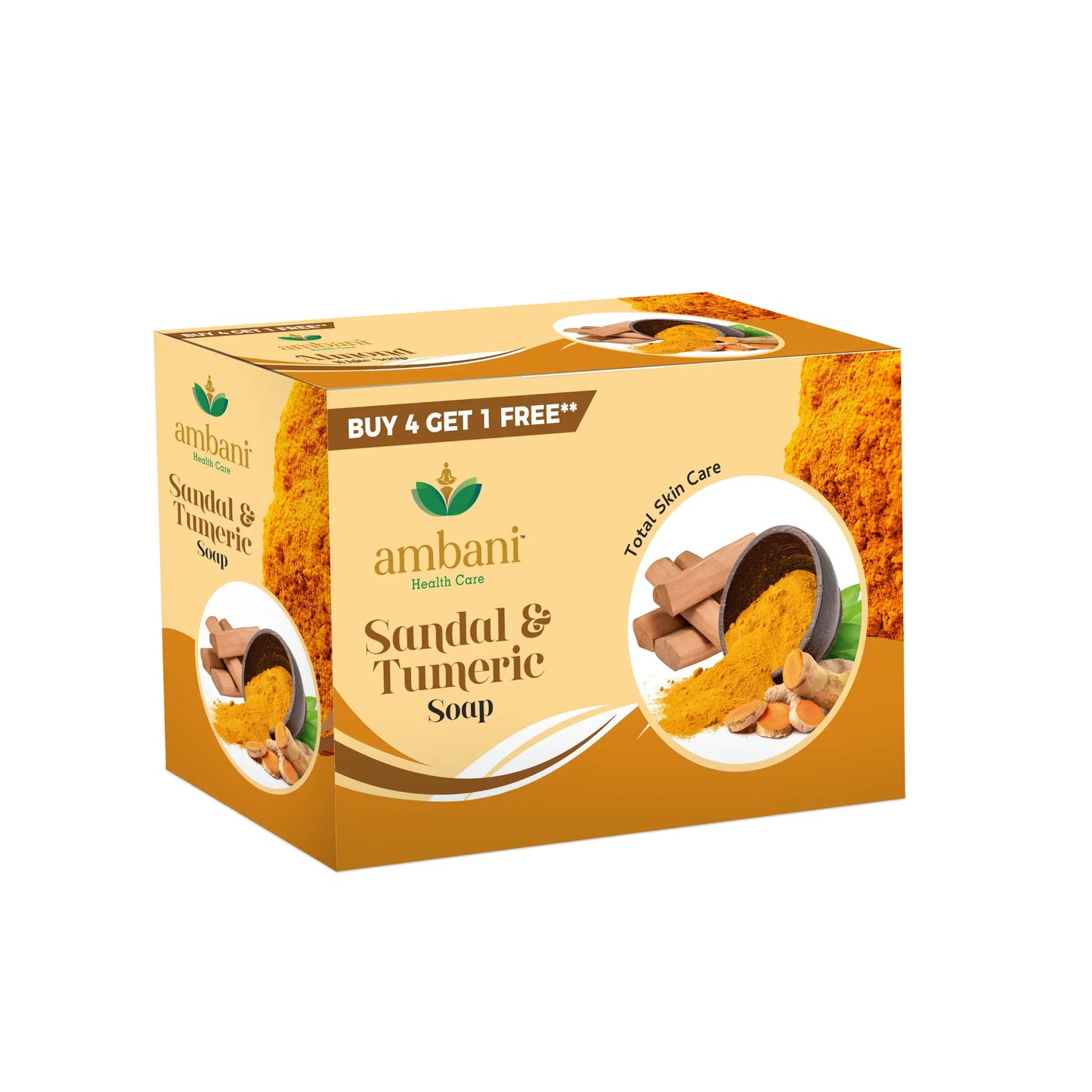 AMBANI HEALTH CARE Sandal & Turmeric Soap I with Essential Oil I Long-Lasting Fragrance I Handmade Bathing bar I Natural Cleanser I for Total Skin Care I Suitable for all Skin Types - Set of 4 + 1