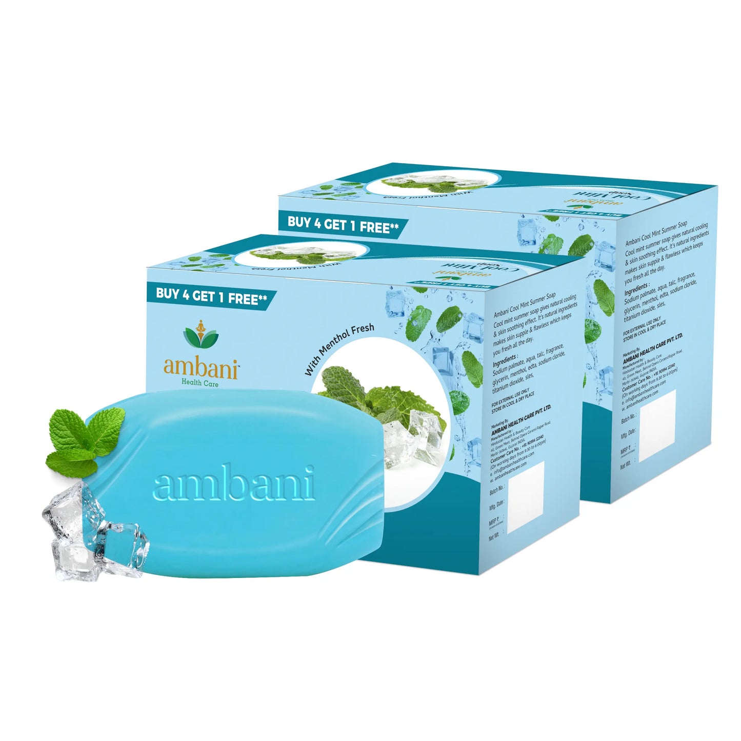 AMBANI HEALTH CARE Cool Mint Soap I Natural Herbal Handmade Bathing Bar I Cooling & Soothing Effect on Skin with Menthol Fresh I Moisturising Skin & Deep Cleansing I for All Skin Types (Set of 4 + 1)