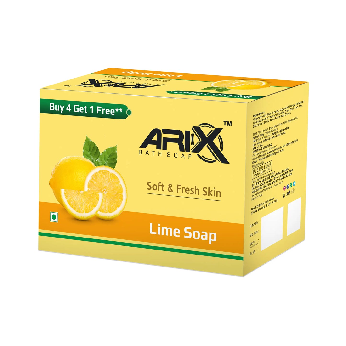 ARIX Lime Soap with Freshness of Lemon I Refreshing Bathing Soaps I Paraben & Sulphate Free I Reducing Tanning I Removes Germs for Fresh and Moisturized Healthy Skin for All Skin Type (Pack of 4 + 1)