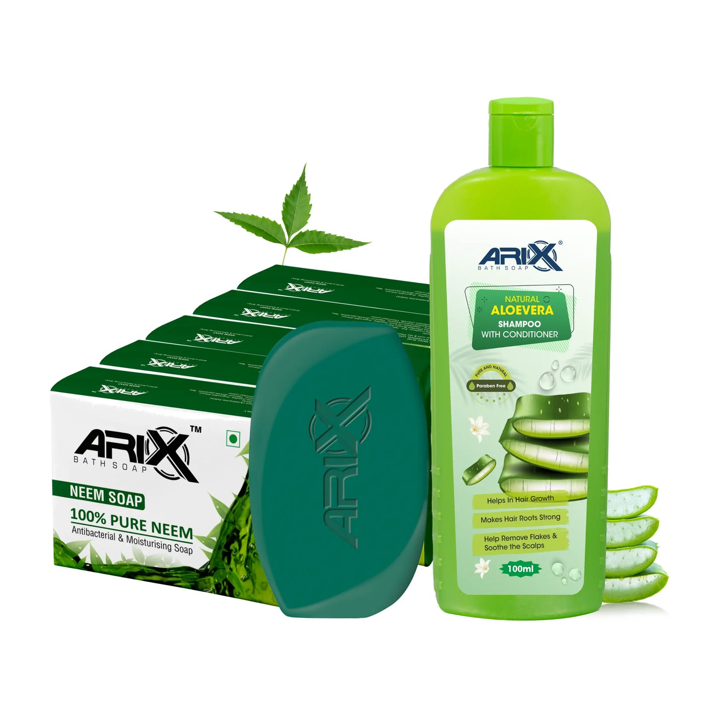 ARIX Natural Aloevera Shampoo Conditioner and Neem Soap I Herbal Bathing Bar with Essential Oils I for Women & Men (100ml + 5 Pcs)