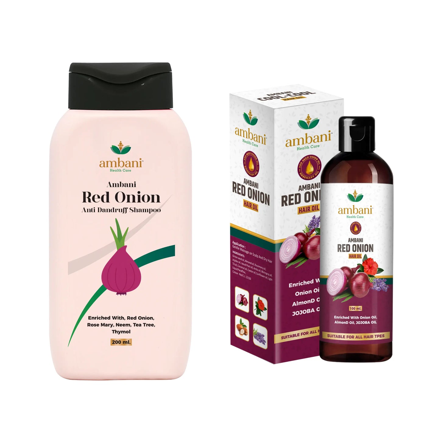 AMBANI HEALTH CARE Ayurveda Hair Care Combo - Red Onion Hair Oil and Shampoo I for Strong & Healthy Hair I Control Hair Fall & Dandruff I Promotes Hair Growth I for All Hair Types - 200ML + 100ML