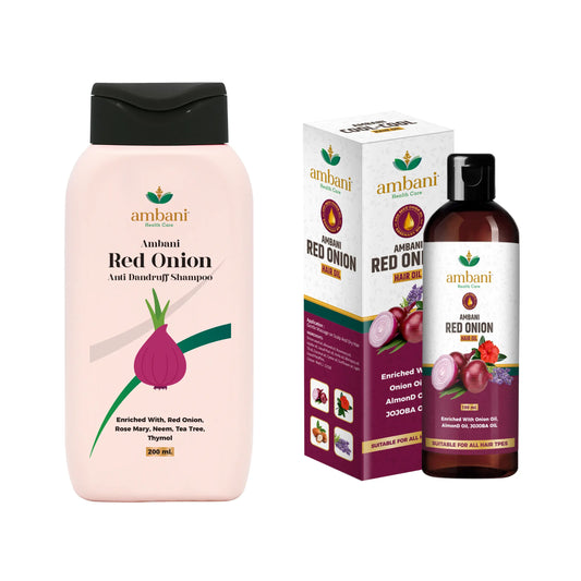 AMBANI HEALTH CARE Ayurveda Hair Care Combo - Red Onion Hair Oil and Shampoo I for Strong & Healthy Hair I Control Hair Fall & Dandruff I Promotes Hair Growth I for All Hair Types - 200ML + 100ML
