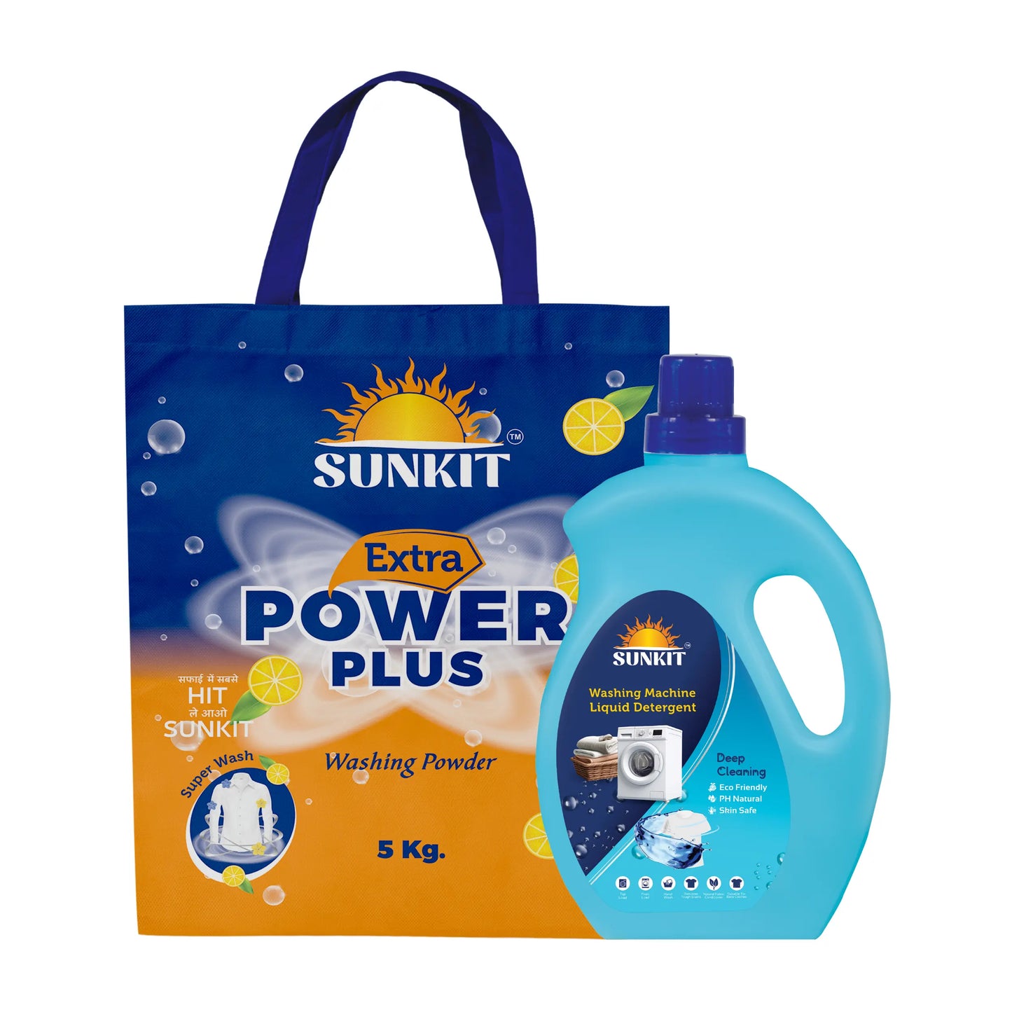 SUNKIT Detergent Powder and Liquid I Natural Ingredients Eco-friendly I Removes Stains & Odour I Long-Lasting Fresh Fragrance I for All Types of Fabrics, Washing Machine & Hand Wash (5KG + 1Liter)