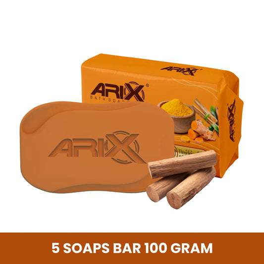 ARIX Sandal & Turmeric Soap I for Total Skin Care I Long-Lasting Fragrance I with Essential Oil I Handmade Bathing Bar I Natural Cleanser I for Women & Men with All Skin Types (Set of 4 + 1)