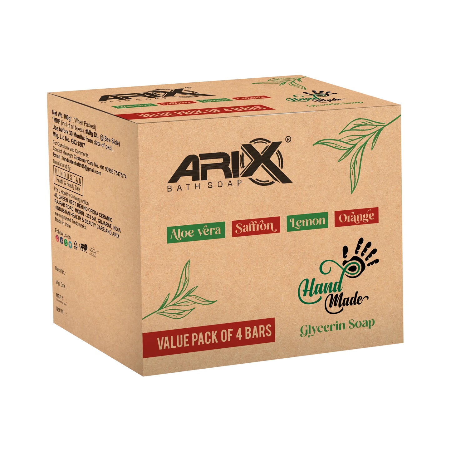 ARIX Natural Handmade Glycerin Bath Soap Combo - Aloe Vera, Saffron, Lemon & Orange Bathing Bar I Herbal Soaps with Essential Oils I Glowing Skin & Body I for Women & Men with All Skin Type – Set of 4