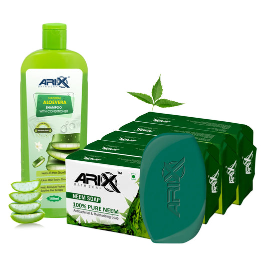 ARIX Natural Aloevera Shampoo Conditioner and Neem Soap I Herbal Bathing Bar with Essential Oils I for Women & Men (100ml + 5 Pcs)