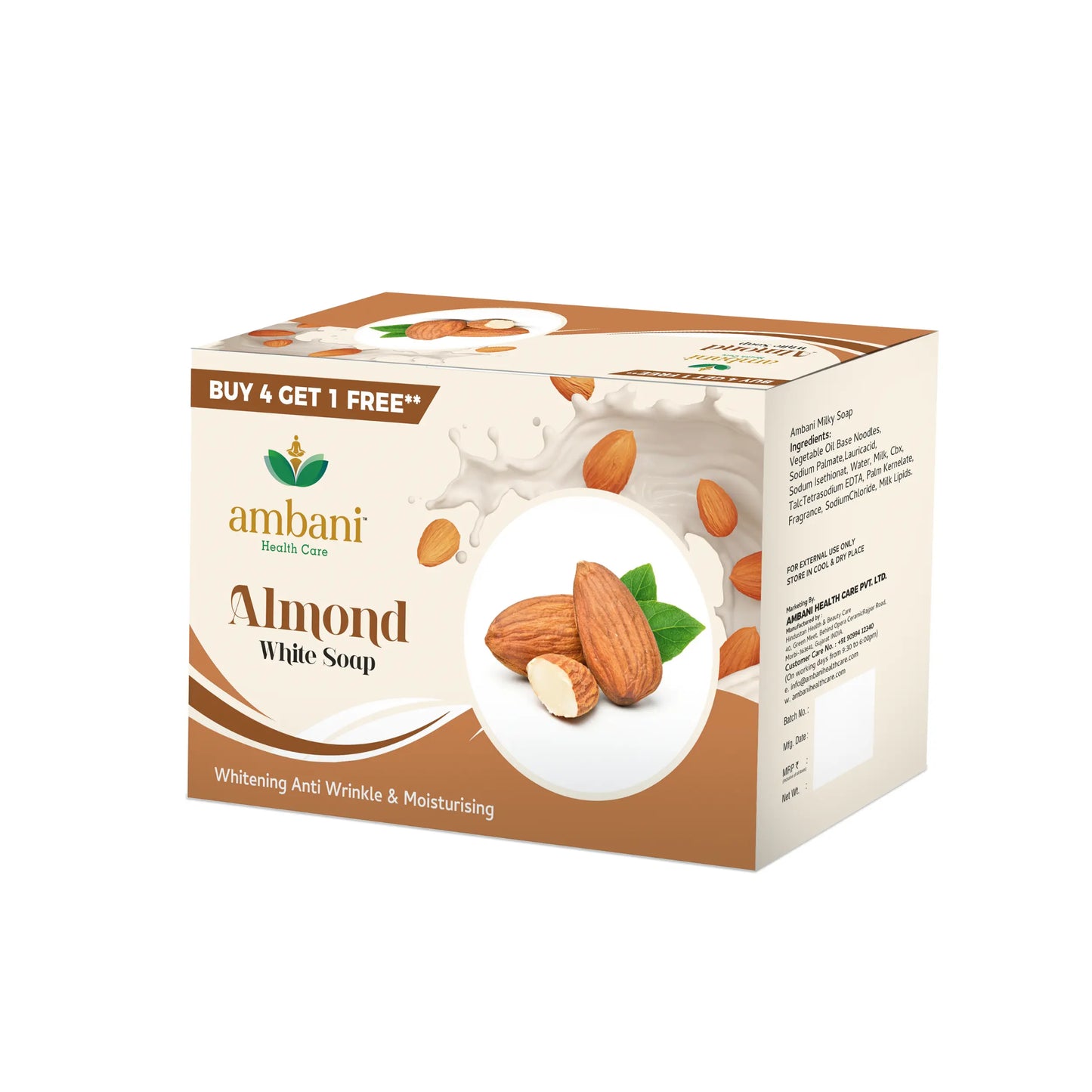 AMBANI HEALTH CARE Almond Soap I Ayurvedic I Herbal Soap with Essential Oil I Handmade Bathing Bar I Natural Cleanser I Glowing, Smoother, & Moisturized Skin I for All Skin Types (Set of 4 + 1)