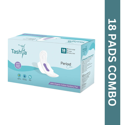 TASHYA Rash free 14 Sanitary Pads + Ultra soft 4 Panty Liners I Pure Cotton Sanitary Combo for Women I 8 Layer Sanitary Napkins I Rash Free, Anti Tan, Skin Friendly, Leak-proof I for All Skin Type