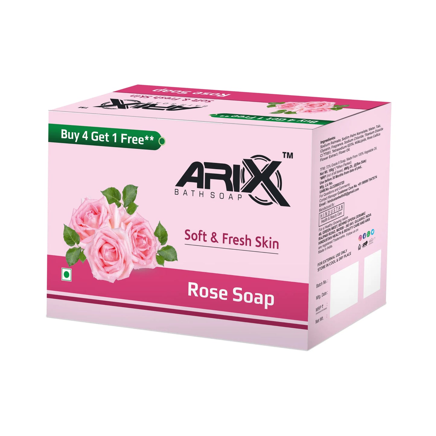 ARIX Rose Soap I with Rose Scented I Handmade Bathing Bar for Face & Body I Smooth, Soft Moisturized, and Glowing Skin I Sulphate & Paraben free I for Women & Men with All Skin Types (Pack of 4 + 1)