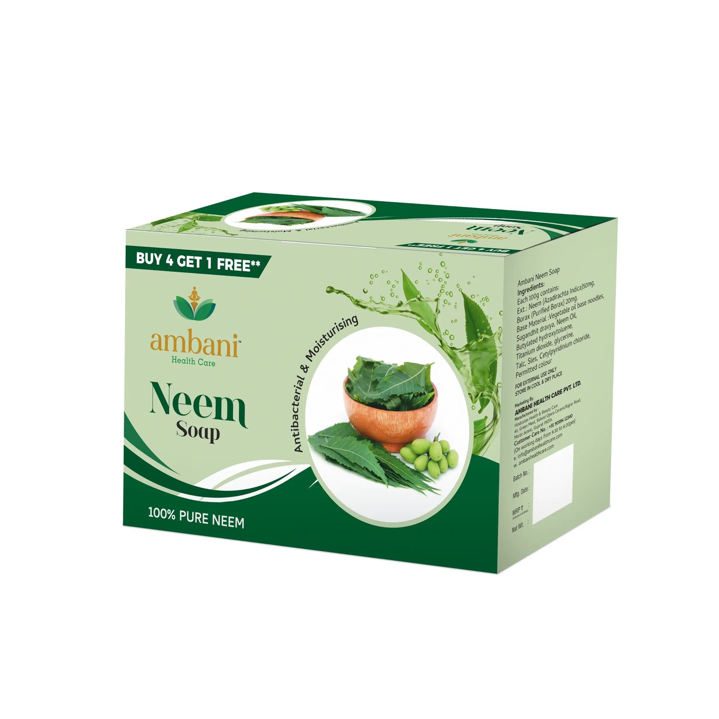 MBANI HEALTH CARE Neem Soap I Handmade Bathing bar I with Goodness of Neem Leaves I Natural Cleanser I for Smooth, Antibacterial, Moisturized & Nourished Skin I for All Skin Types - Set of 4 + 1