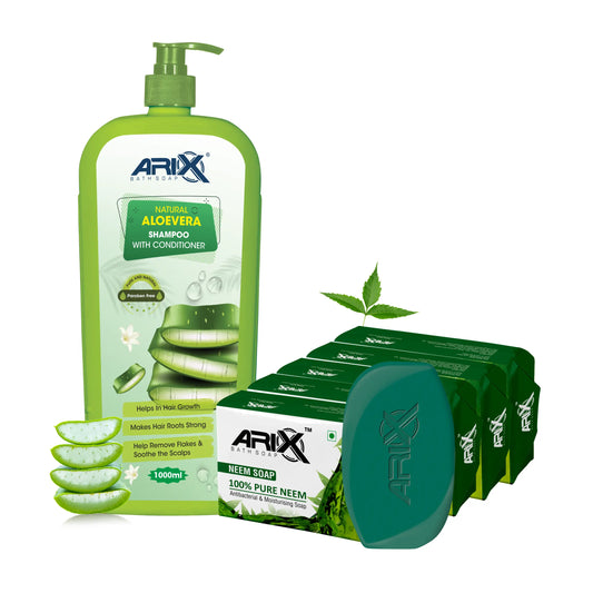 ARIX Natural Aloevera Shampoo Conditioner and Neem Soap I Herbal Bathing Bar with Essential Oils I Enhance Shine, Strengthen, Soothe Scalp and Reduce Hair Fall I for Women & Men (1 L + 5 Pcs)