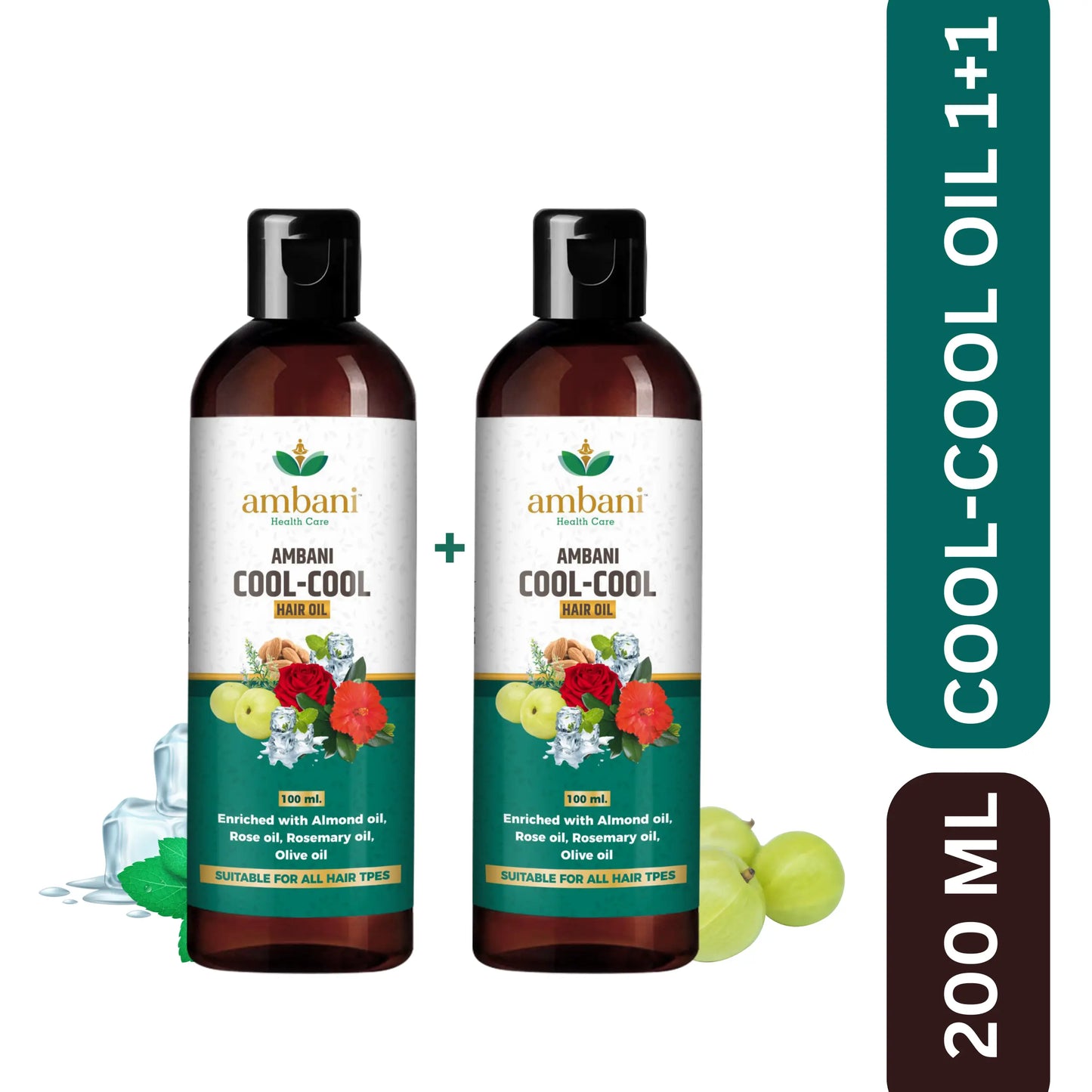 AMBANI HEALTH CARE Cool Hair Oil I with Comb Extension I Unique combination of Ayurvedic Herbs I Relief from Stress, Headache & Body Pain I for Strong, Thick & Shiny I for All Hair Types (100ML+100ML)
