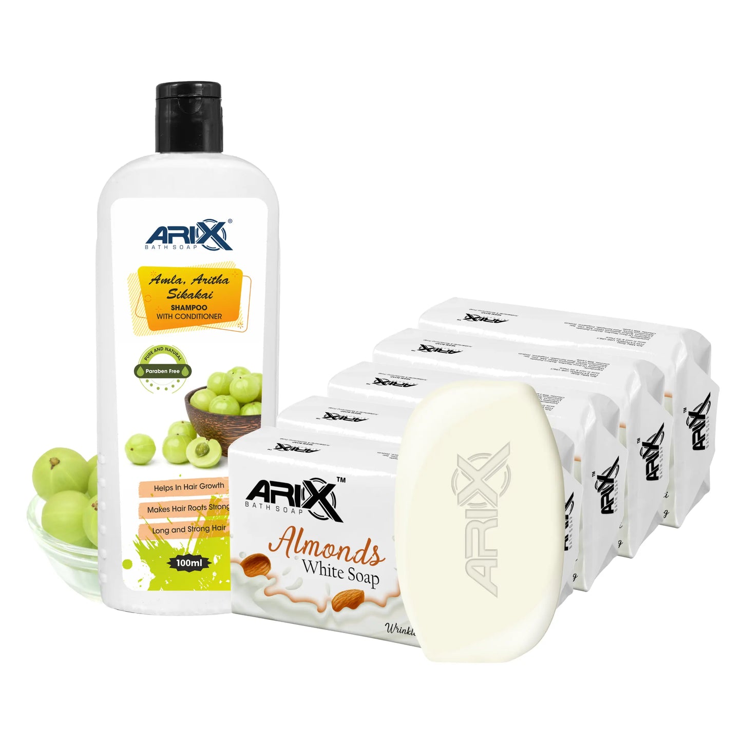 ARIX Herbal Amla, Aritha, & Sikakai Shampoo Conditioner and Almond Soap I Natural Ingredients I Promotes Healthy, Shiny, Glossy Hair, Clear, Glowing & Radiant Skin I for Women & Men (100ml + 5 Pcs)