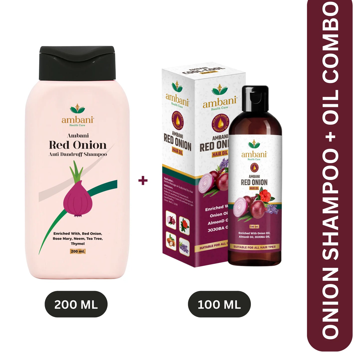 AMBANI HEALTH CARE Ayurveda Hair Care Combo - Red Onion Hair Oil and Shampoo I for Strong & Healthy Hair I Control Hair Fall & Dandruff I Promotes Hair Growth I for All Hair Types - 200ML + 100ML