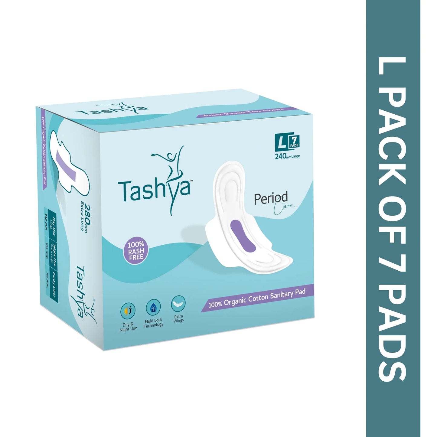 TASHYA 100% Pure Cotton Sanitary Pads I 8 Layer Sanitary Napkins I Fluid Lock Technology I Rash Free, Anti Tan, Skin Friendly I Hygiene & Comfort I Leak-proof I For All Skin Type I L - 240mm - 7 Pads