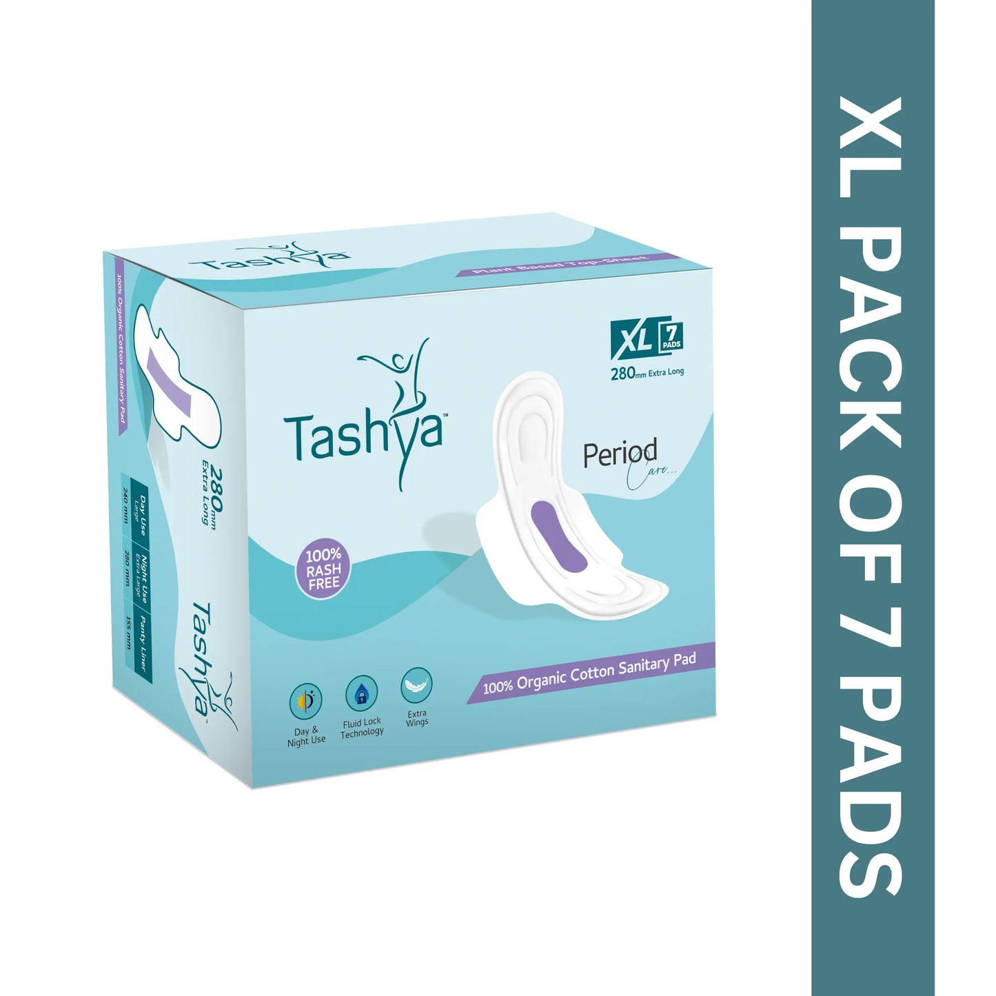 TASHYA 100% Pure Cotton Sanitary Pads I 8 Layer All Night Sanitary Napkins I Fluid Lock Technology I Rash Free, Anti Tan, Skin Friendly, Leak-proof I Hygiene & Comfort I XL - 280mm - 7 Pads