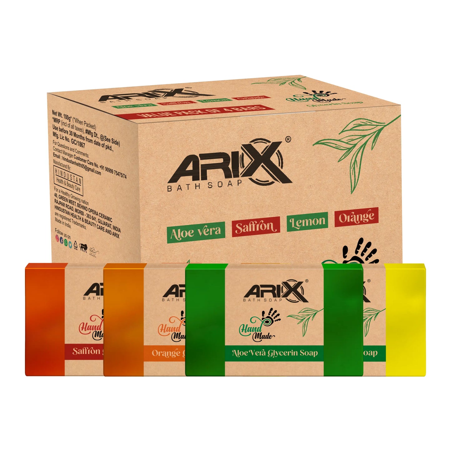 ARIX Natural Handmade Glycerin Bath Soap Combo - Aloe Vera, Saffron, Lemon & Orange Bathing Bar I Herbal Soaps with Essential Oils I Glowing Skin & Body I for Women & Men with All Skin Type – Set of 4