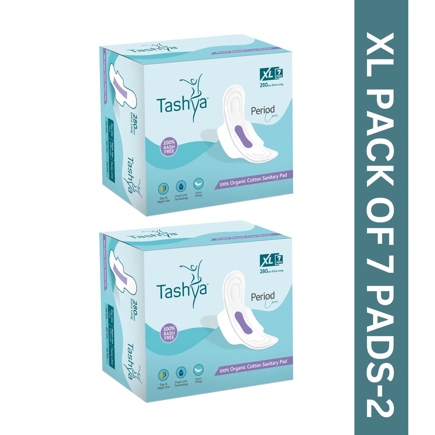 TASHYA 100% Pure Cotton Sanitary Pads I 8 Layer All Night Sanitary Napkins I Fluid Lock Technology I Rash Free, Anti Tan, Skin Friendly, Leak-proof I Hygiene & Comfort I XL - 280mm - 7 Pads