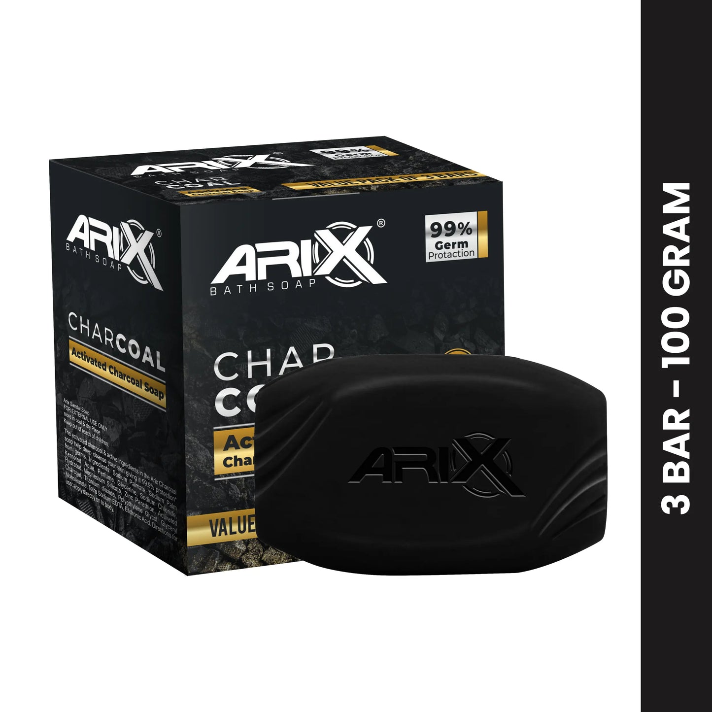 ARIX Activated Charcoal Soap I Solid Lasting Freshness Bathing Bar I 99.9% Germ Protection and Deep Cleansing I Acne, Blackheads, Anti Wrinkle, Pimple Skin Care I for All Skin Types (Pack of 3)