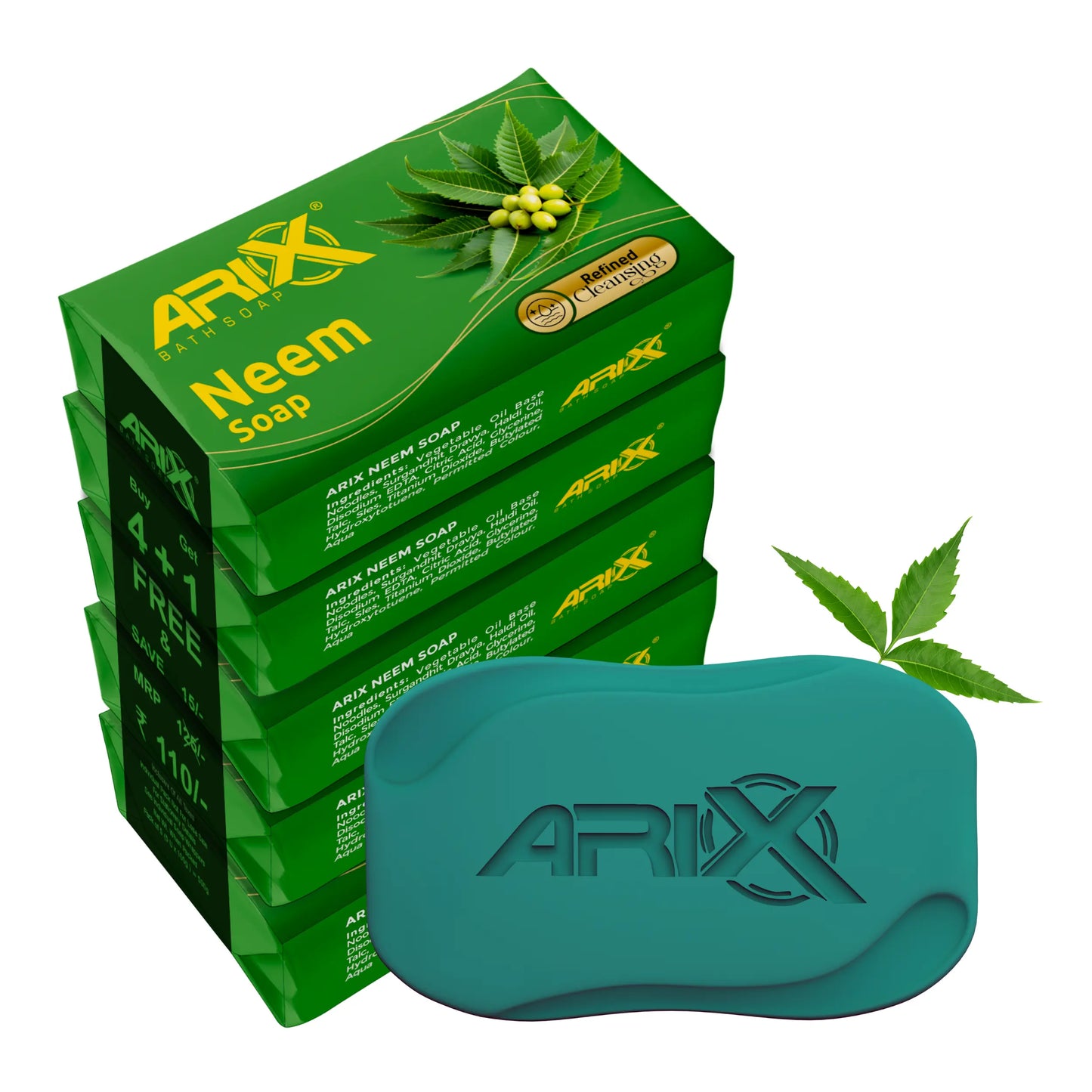 ARIX Neem Soap I with Goodness of Neem Leaves I Herbal Bathing Bar with Essential Oils I Anti-Bacterial I for Smooth, Soft, Moisturised & Nourished Skin I Suitable for All Skin Types (Set of 5)