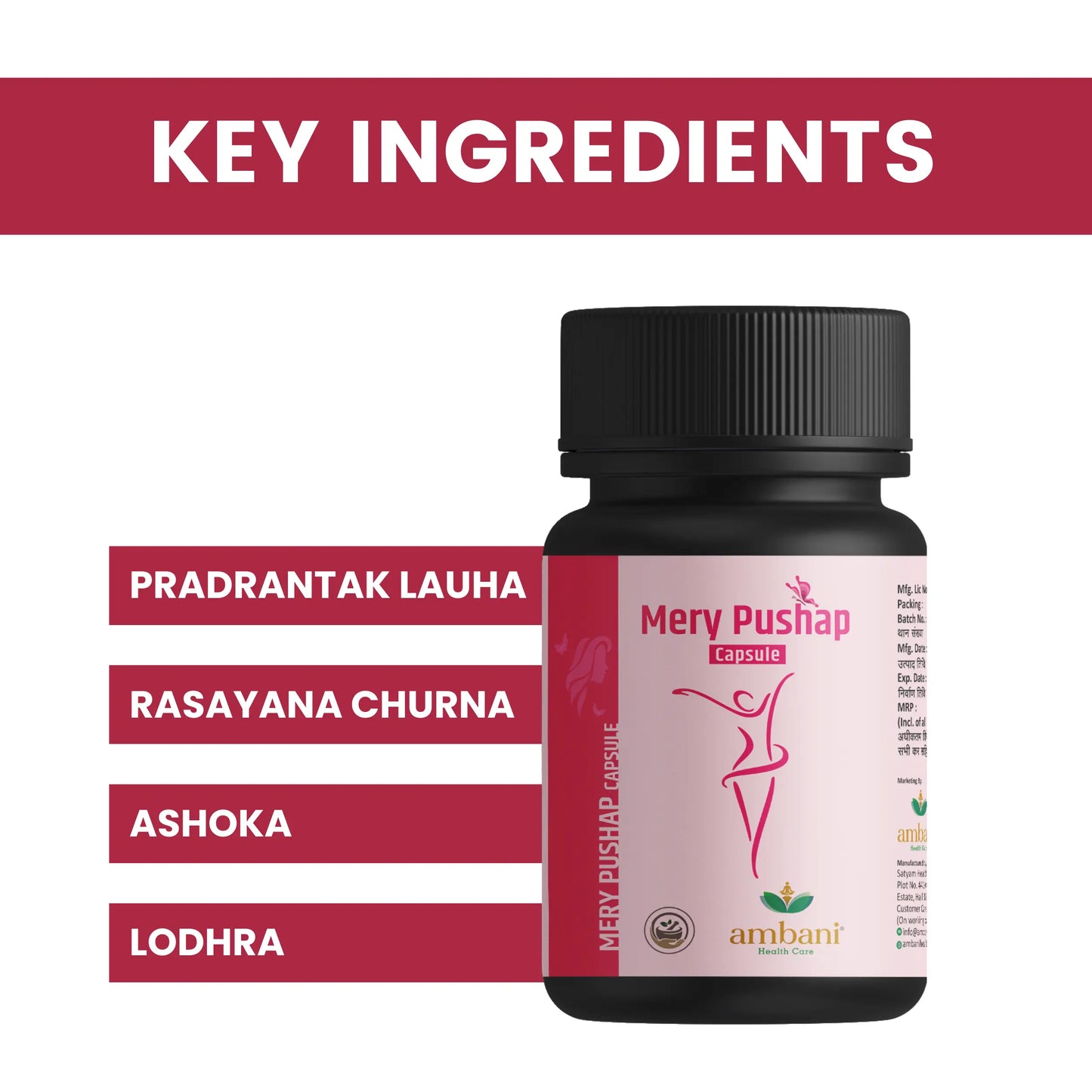 AMBANI HEALTH CARE Mery Pushap Capsule I All-Natural, Vegetarian I Herbal Ayurveda Ingredients I Supports Strength & Energy I for Women Promoting Better Cycle & Hormonal Balance