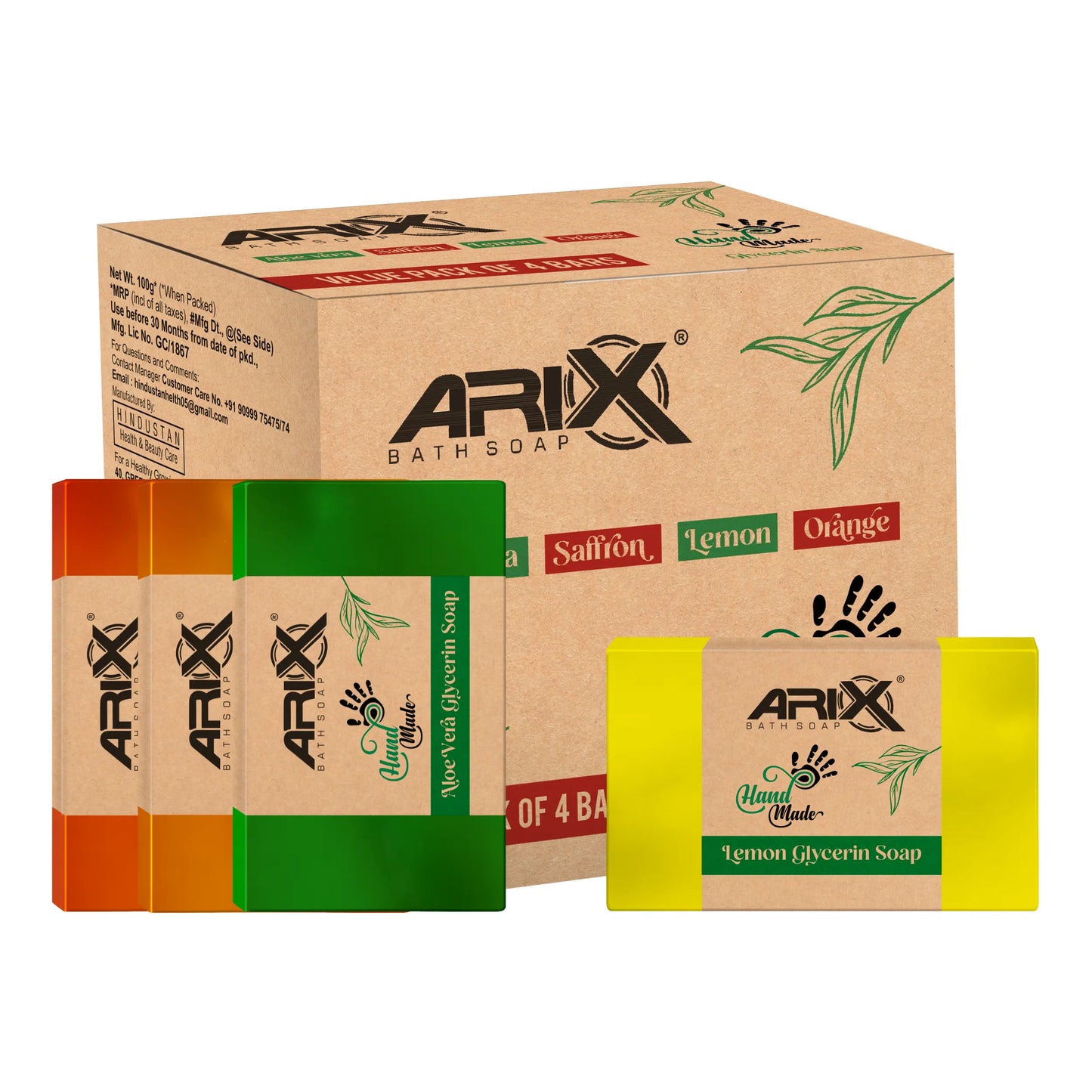 ARIX Natural Handmade Glycerin Bath Soap Combo - Aloe Vera, Saffron, Lemon & Orange Bathing Bar I Herbal Soaps with Essential Oils I Glowing Skin & Body I for Women & Men with All Skin Type – Set of 4