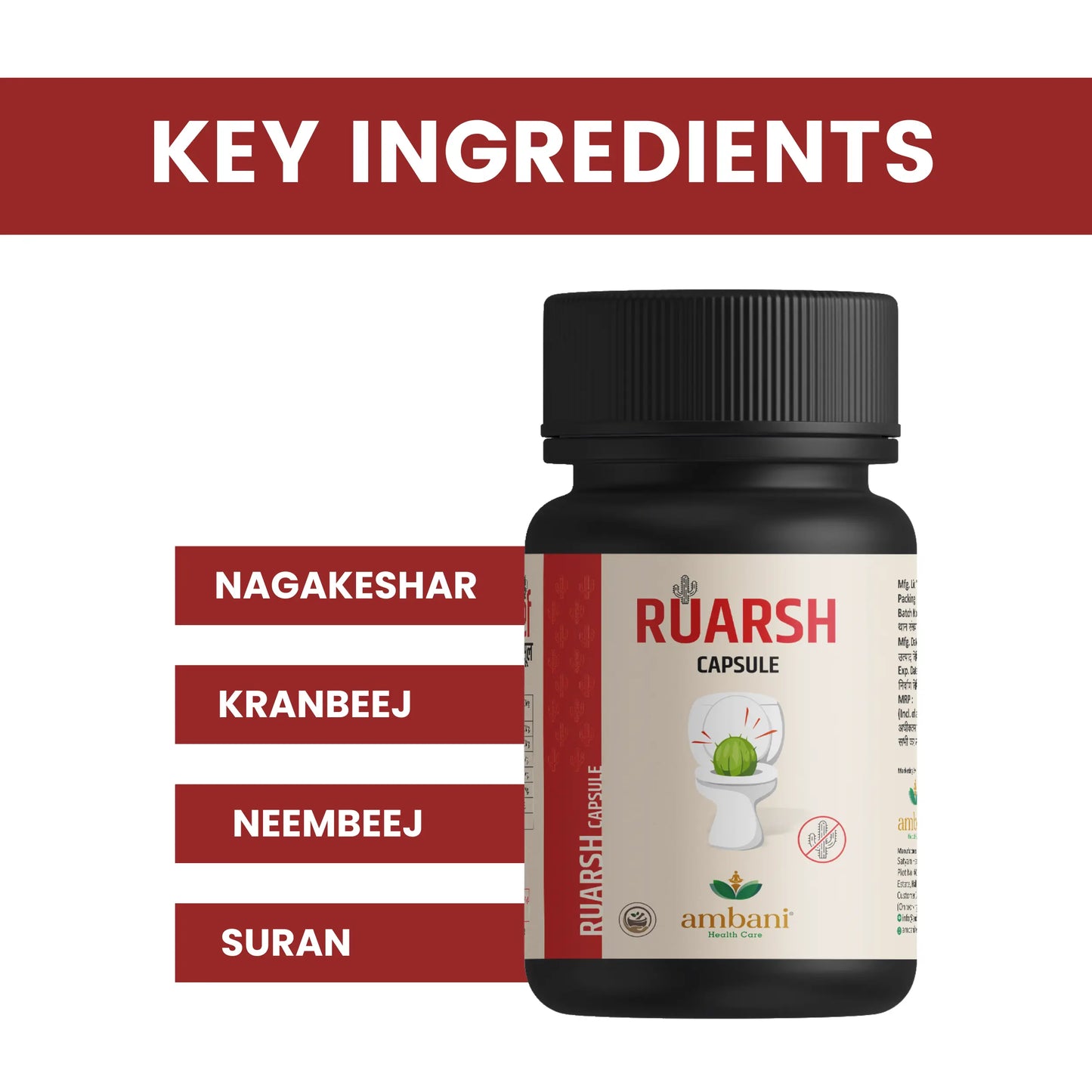 AMBANI HEALTH CARE Ayurvedic Ruarsh Capsule I Relief from Hemorrhoids I All-Natural, Vegetarian I Reduces inflammation and swelling I Relieve in Bleeding, Burning & Pain