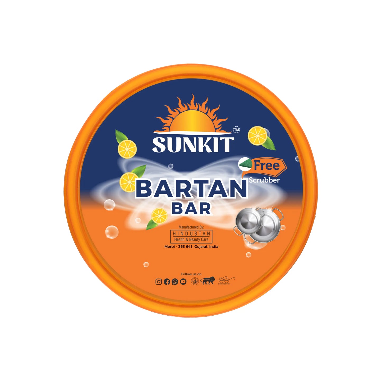 SUNKIT Bartan Bar I Round Dishwash Bar with Free Scrubber I Contains goodness of Lime I Removes Tough stains, Kills Bacteria I Power of Active Boosters I Grease Cleaner for All Utensils