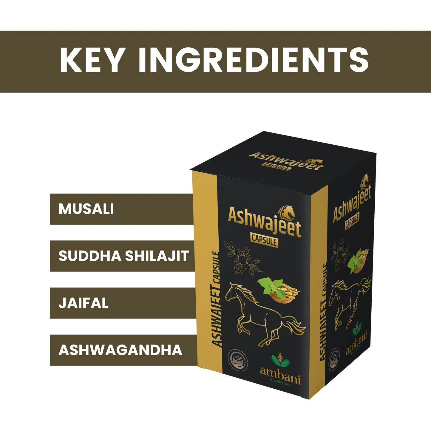 AMBANI HEALTH CARE Ashwajeet Capsule I Herbal Ayurveda Ingredients I Support Muscles Strength & Energy I Natural Formulation I Vegetarian I Immunity Booster I General Wellness – 60 Capsules