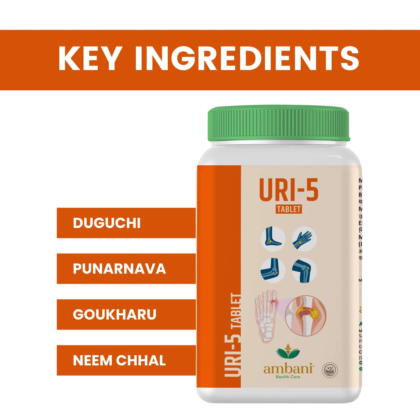 AMBANI HEALTH CARE Ayurvedic URI-5 Tablet I Uric Acid Control Medicine I Natural Formulation I Herbal Supplements I Support for Joint Pain, Swelling, & Inflammation I for Men & Women