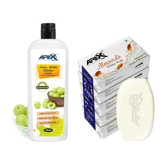 ARIX Herbal Amla, Aritha, & Sikakai Shampoo Conditioner and Almond Soap I Natural Ingredients I Promotes Healthy, Shiny, Glossy Hair, Clear, Glowing & Radiant Skin I for Women & Men (100ml + 5 Pcs)