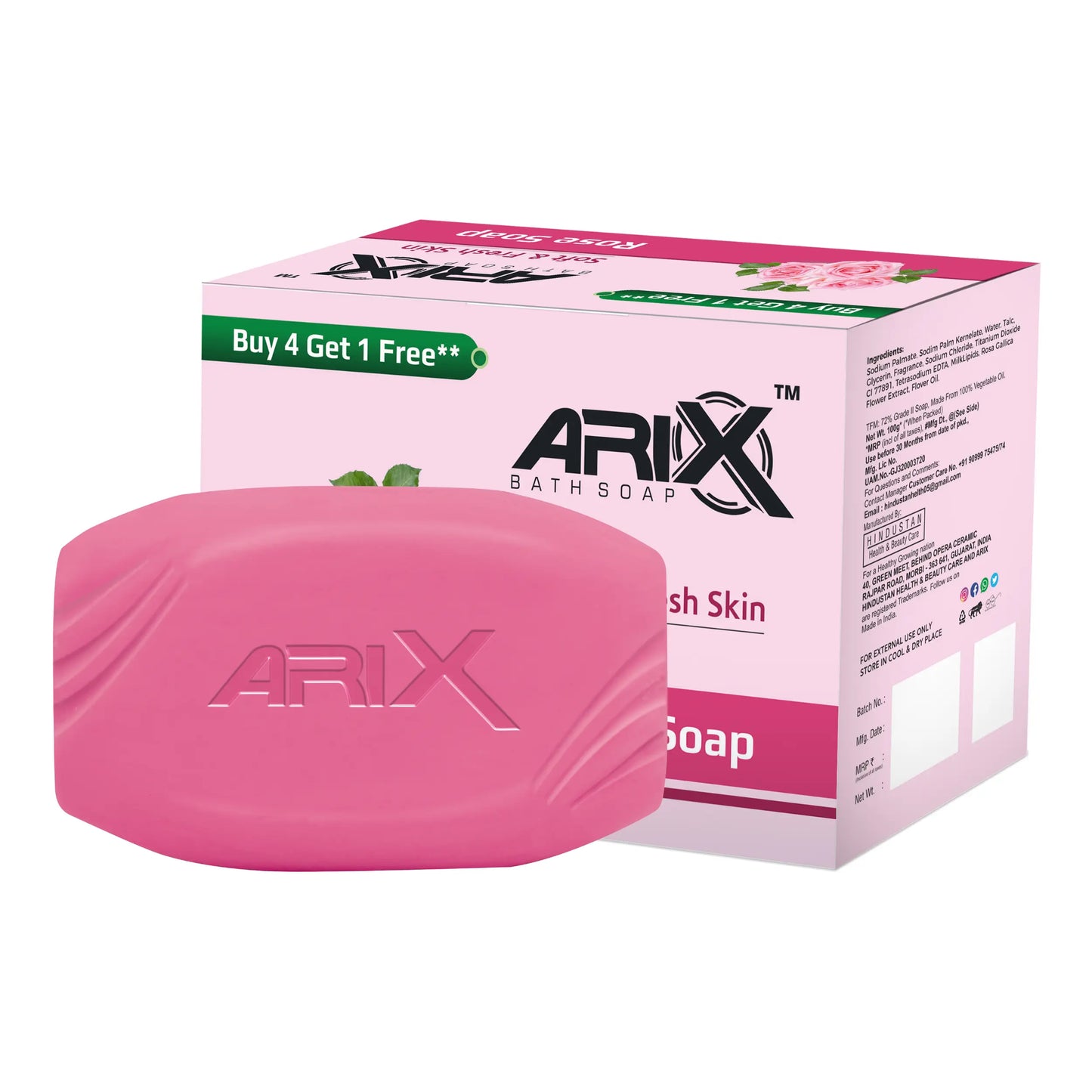 ARIX Rose Soap I with Rose Scented I Handmade Bathing Bar for Face & Body I Smooth, Soft Moisturized, and Glowing Skin I Sulphate & Paraben free I for Women & Men with All Skin Types (Pack of 4 + 1)
