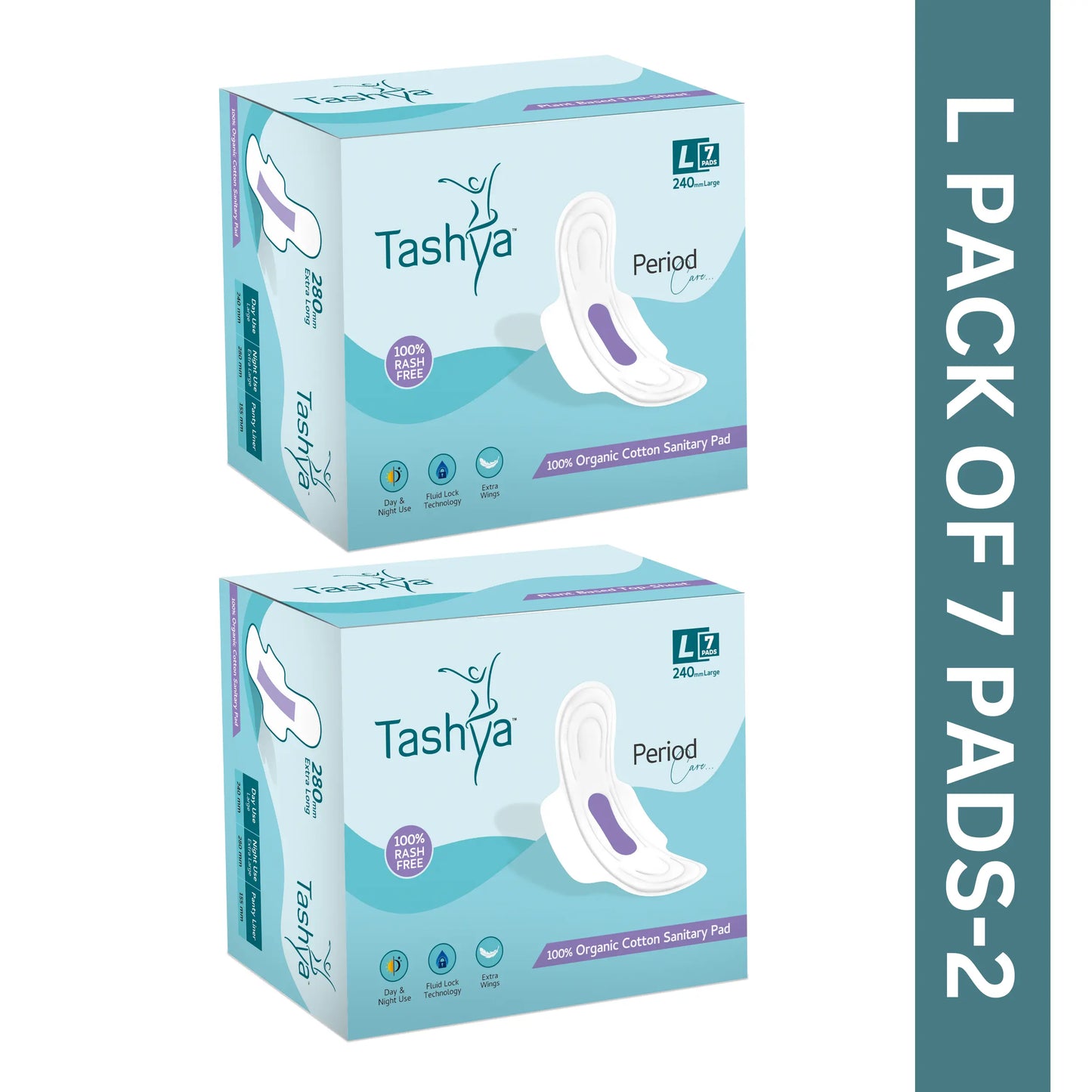 TASHYA 100% Pure Cotton Sanitary Pads I 8 Layer Sanitary Napkins I Fluid Lock Technology I Rash Free, Anti Tan, Skin Friendly I Hygiene & Comfort I Leak-proof I For All Skin Type I L - 240mm - 7 Pads