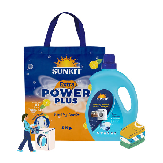 SUNKIT Detergent Powder and Liquid I Natural Ingredients Eco-friendly I Removes Stains & Odour I Long-Lasting Fresh Fragrance I for All Types of Fabrics, Washing Machine & Hand Wash (5KG + 1Liter)