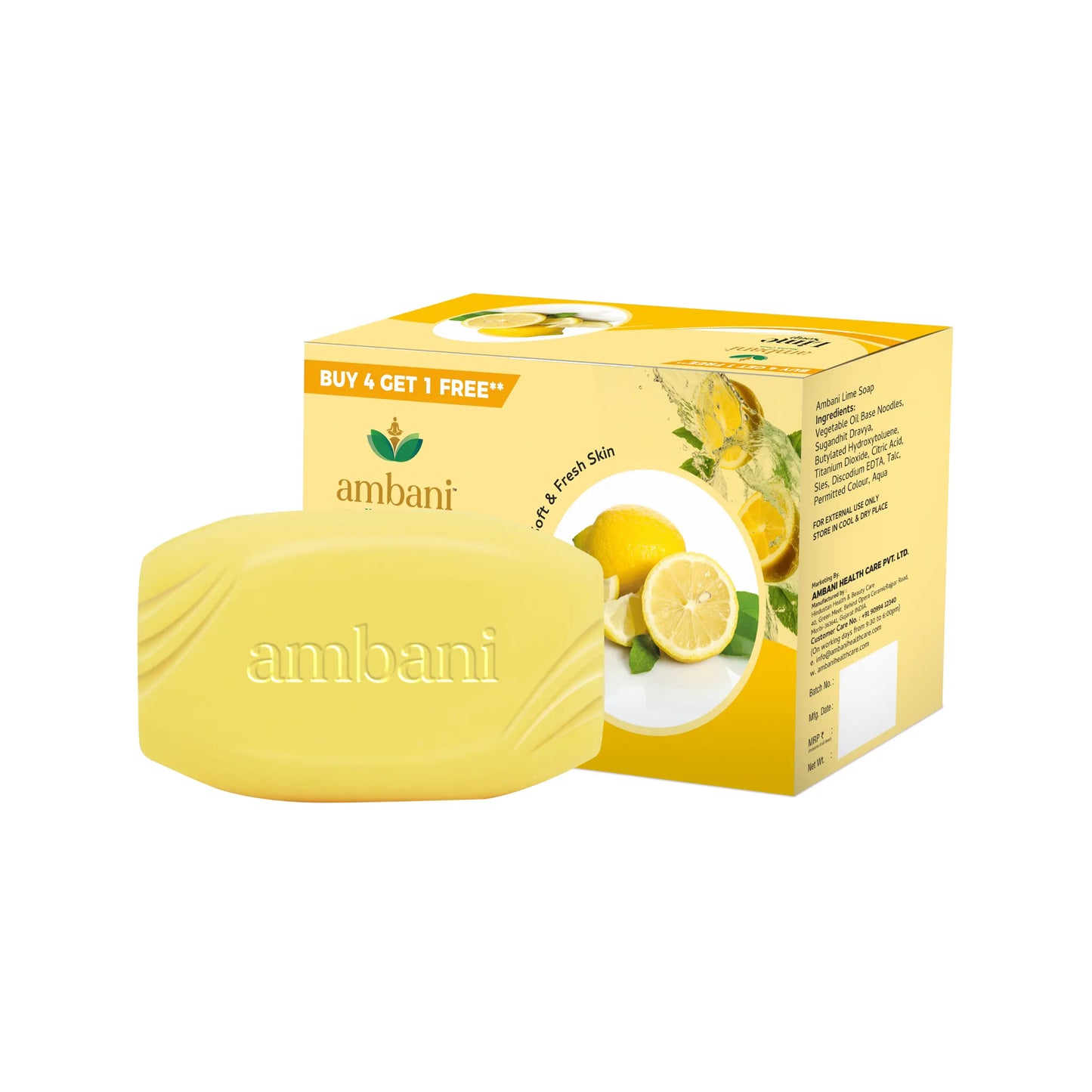 AMBANI HEALTH CARE Lime Soap I Refreshing Bathing Bar I Freshness of Lemon I Healthy Skin I Paraben Free I Handmade Natural with Essential Oils I Reducing Tanning I for All Skin Types (Set of 4 + 1)