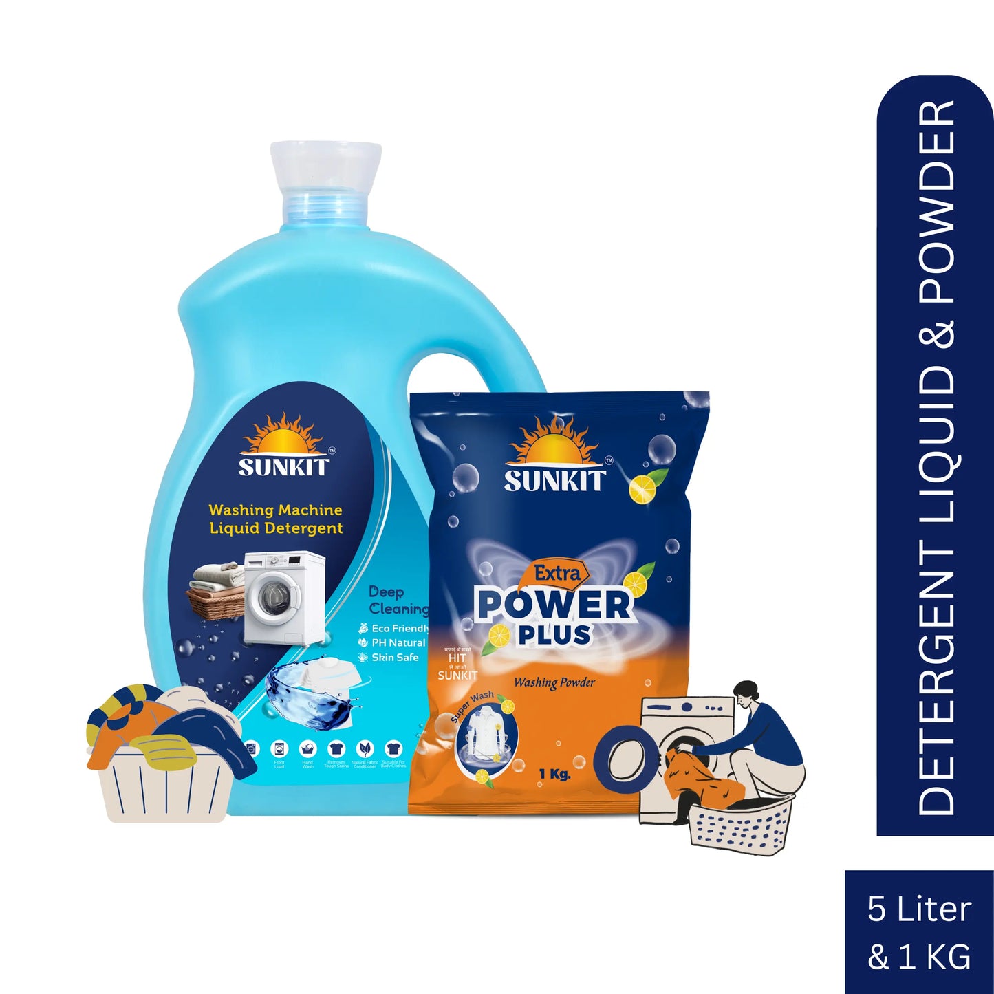 SUNKIT Detergent Powder and Liquid I Natural Ingredients Eco-friendly I Removes Stains & Odour I Long-Lasting Fresh Fragrance I for All Types of Fabrics, Washing Machine & Hand Wash (1KG + 5Liter)