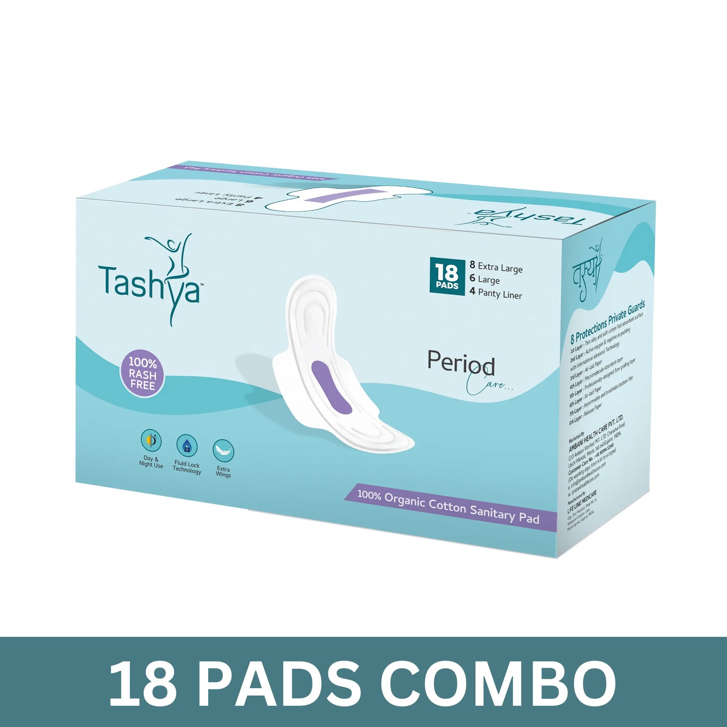 TASHYA Rash free 14 Sanitary Pads + Ultra soft 4 Panty Liners I Pure Cotton Sanitary Combo for Women I 8 Layer Sanitary Napkins I Rash Free, Anti Tan, Skin Friendly, Leak-proof I for All Skin Type