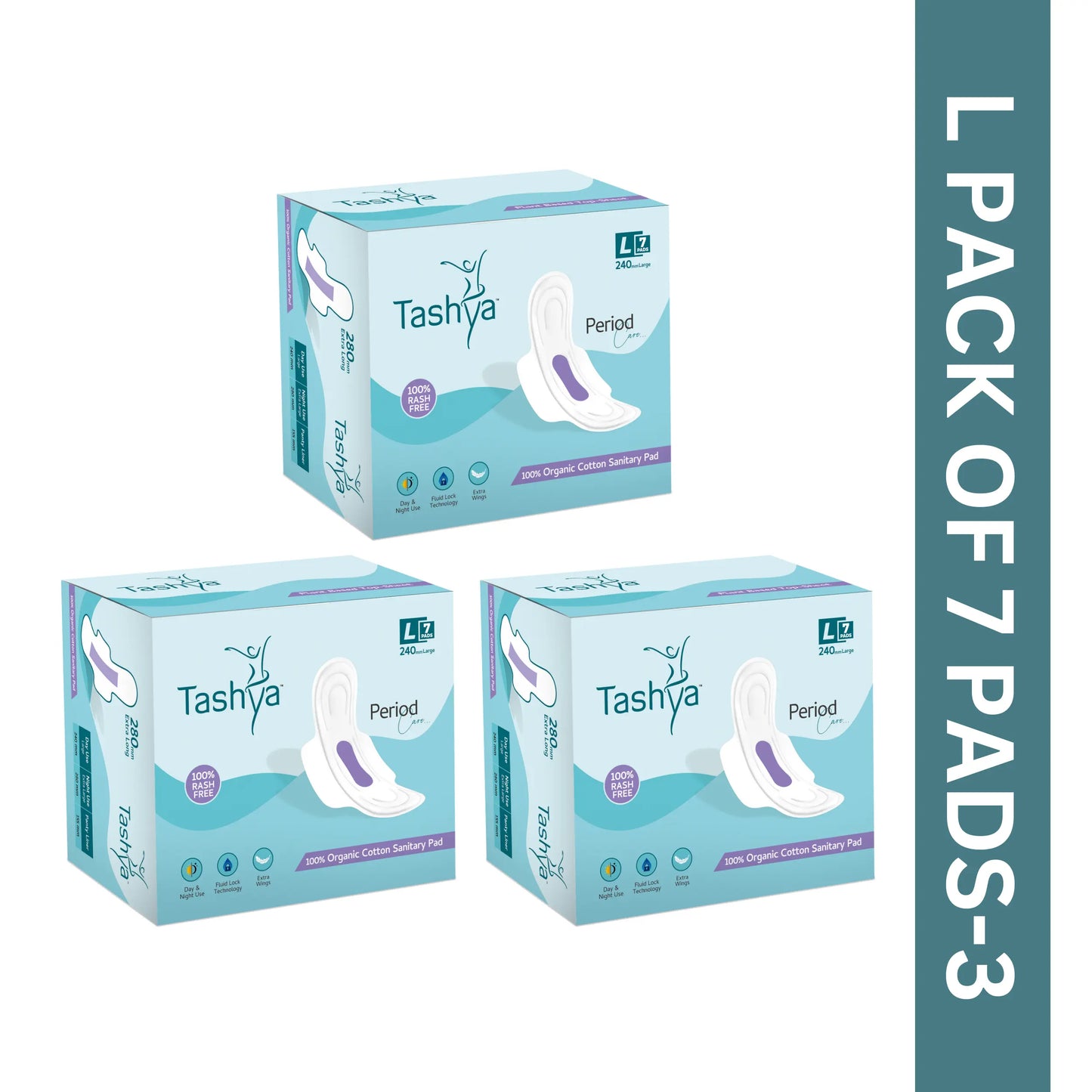 TASHYA 100% Pure Cotton Sanitary Pads I 8 Layer Sanitary Napkins I Fluid Lock Technology I Rash Free, Anti Tan, Skin Friendly I Hygiene & Comfort I Leak-proof I For All Skin Type I L - 240mm - 7 Pads