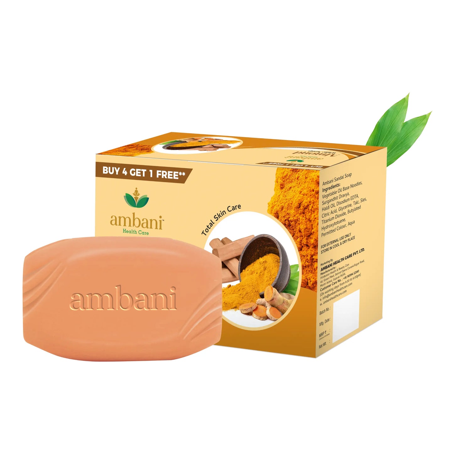 AMBANI HEALTH CARE Sandal & Turmeric Soap I with Essential Oil I Long-Lasting Fragrance I Handmade Bathing bar I Natural Cleanser I for Total Skin Care I Suitable for all Skin Types - Set of 4 + 1