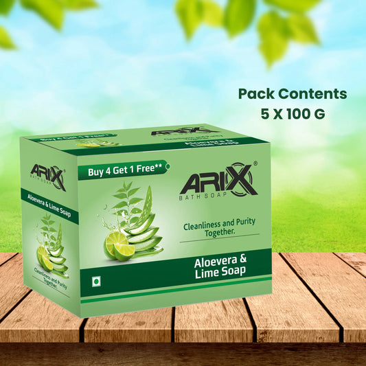ARIX Aloevera & Lime Soap I Herbal Bathing Bar I Long-Lasting Fragrance I Cleanliness and Purity I Pollution Dirt Removal & Hydrating Skin Cells I for Women & Men with All Skin Types (Set of 4 + 1)