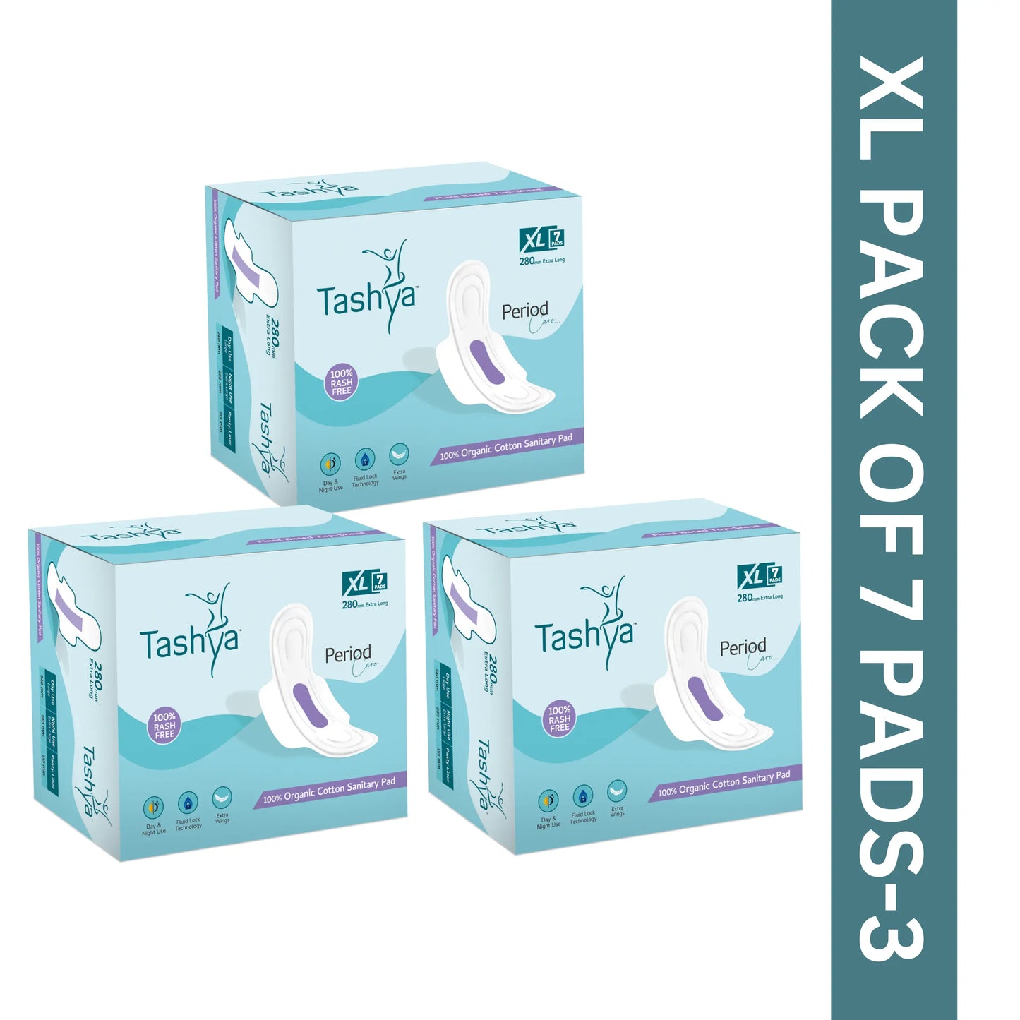 TASHYA 100% Pure Cotton Sanitary Pads I 8 Layer All Night Sanitary Napkins I Fluid Lock Technology I Rash Free, Anti Tan, Skin Friendly, Leak-proof I Hygiene & Comfort I XL - 280mm - 7 Pads