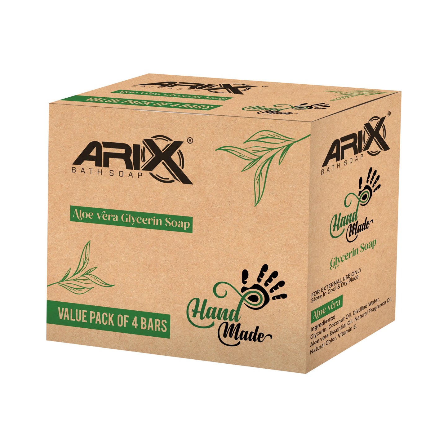 ARIX Aloe Vera Glycerin Soap I Handmade Organic Bathing bar I with Aloevera Extract and Essential Oils I Glowing, Nourishing & Moisturizing Skin I for Women & Men with All Skin Types (Set of 4)