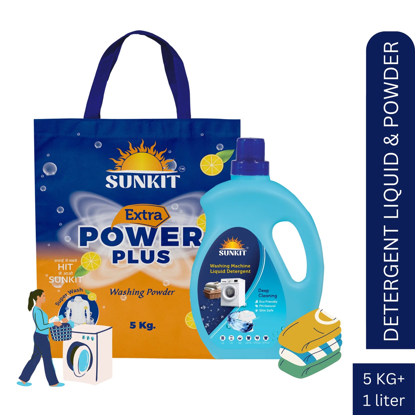 SUNKIT Detergent Powder and Liquid I Natural Ingredients Eco-friendly I Removes Stains & Odour I Long-Lasting Fresh Fragrance I for All Types of Fabrics, Washing Machine & Hand Wash (5KG + 1Liter)